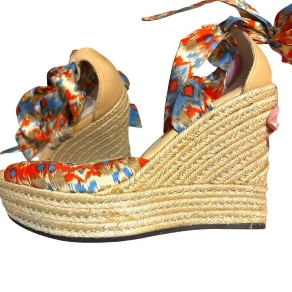 UGG Australia wedges Luciana espadrille orange blue silk ankle wrap heels size 8 - Picture 10 of 12